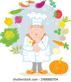 Funny chubby cook in a white chef hat thinking about an original tasty soup with fresh vegetables and spices from a kitchen garden, vector cartoon illustration isolated on a white background
