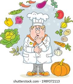 Funny chubby cook in a white chef hat thinking about an original tasty soup with fresh vegetables and spices from a kitchen garden, vector cartoon illustration isolated on a white background