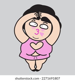 Funny Chubby Girl Acting Heart Sign Symbol Icon Above Head. Love Your Body Concept Card Character illustration