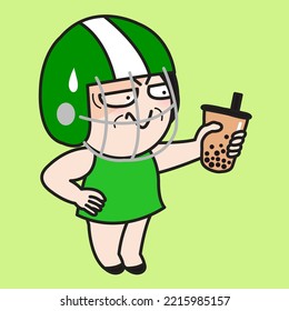 Funny Chubby Girl is Wearing Helmet To Prevent Herself From Being Over Drink A Cup Of Bubble Milk Tea Concept Card Character illustration