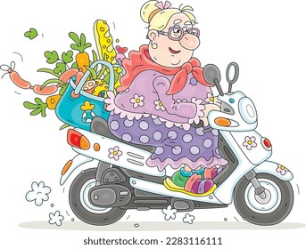 Funny chubby granny with a bag full of groceries from a shop driving her motor scooter on a way home, vector cartoon illustration isolated on a white background