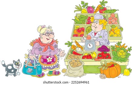 Funny chubby housewife and a her merry cat shopping at a market and buying fresh fruits and vegetables from a cheerful saleswoman, vector cartoon illustration isolated on a white background