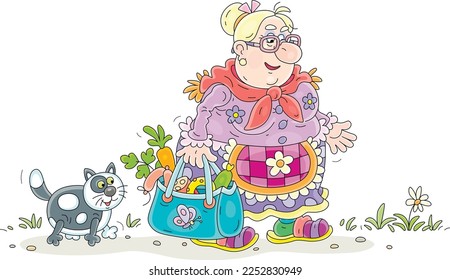 Funny chubby housewife and a her merry cat walking with a bag full of groceries after shopping, vector cartoon illustration isolated on a white background