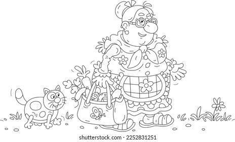 Funny chubby housewife and a her merry cat walking with a bag full of groceries after shopping, black and white outline vector cartoon illustration for a coloring book