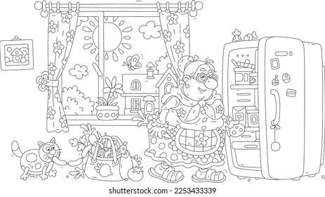 Funny chubby housewife and her merry cat putting fresh vegetables and sausages from a shopping bag into a fridge in a kitchen, black and white outline vector cartoon for a coloring book