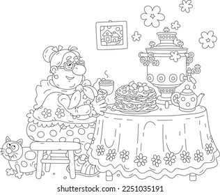 Funny chubby housewife and a merry cat sitting at their kitchen table with a beautiful tablecloth, a teapot and a hot samovar and drinking tea with tasty freshly baked pancakes, vector cartoon