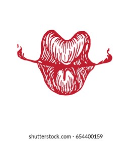 Funny, chubby lips shape (emotional cheerful, playful), woodcut style design, hand drawn doodle, sketch in pop art style, isolated vector illustration