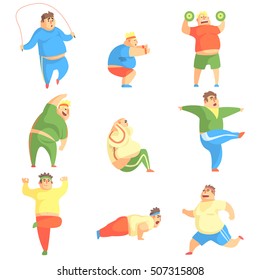 Funny Chubby Man Character Doing Gym Workout Set Of Illustrations