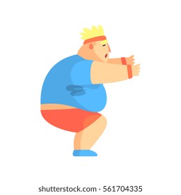 Funny Chubby Man Character Doing Sit Ups At Gym Workout Sweating Illustration