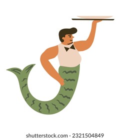 A funny chubby merman waiter in a bow tie holds a dish, a cute underwater server with a plate in the hand, a steward, a garcon shows a dish. Fairytale mythical creature. Vector illustration.