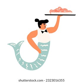 A funny chubby merman waiter in a bow tie holds a dish, a cute underwater server with a seafood plate in his hand, a steward, a garcon shows a dish with prawns. Vector Fairytale mythical creature.