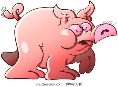 Funny chubby pig with pointy ears, prominent cheeks and curly tail while singing and walking rhythmically with its bulging eyes closed and feeling in a very relaxed mood