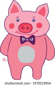 funny chubby pink pig with black tie