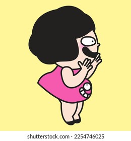 Funny Chubby Woman With Fat Belly Tummy Foxy Face Feeling Happy And Excited To See Food In Front Of Her Concept Card Character illustration