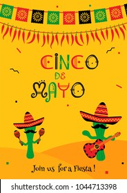 Funny cinco de mayo festival invitation poster. Festive yellow design with two cactus mariachi in sombrero with guitar and maracas. Vector illustration for restaurant menu, web banner or promo flyer.