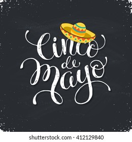 Funny Cinco de Mayo illustration with text. Mexican wording with sombrero icon hand drawn on chalk board.