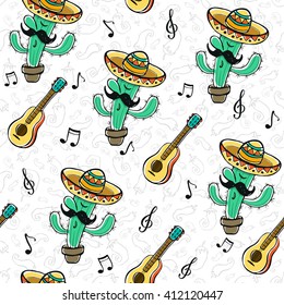 Funny Cinco de Mayo seamless background. Cartoon cactuses in mexican hat with guitar singing a song.