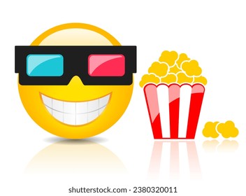 Funny cinema emoji face with 3d glasses and popcorn, vector cartoon