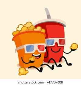 Funny cinema popcorn bucket and soda water character. Vector