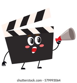 Funny cinema production clapper board, clapboard character with smiling human face, cartoon vector illustration isolated on white background. Cinema clapper board character, mascot, cinema object