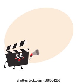 Funny cinema production clapper board, clapboard character with smiling human face, cartoon vector illustration with place for text. Cinema clapper board character, mascot, cinema object