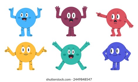 Funny circle characters. Geometric cute round mascots, comic circle shapes with various emotions flat vector illustration set. Round mascots with funny faces