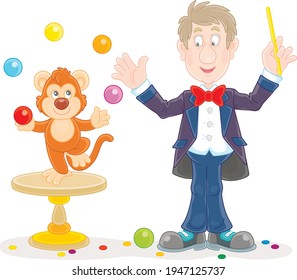 Funny circus animal trainer with his small monkey juggling with color balls, vector cartoon illustration on a white background