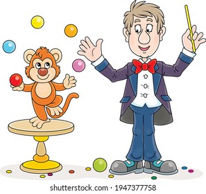 Funny circus animal trainer with his small monkey juggling with color balls, vector cartoon illustration on a white background