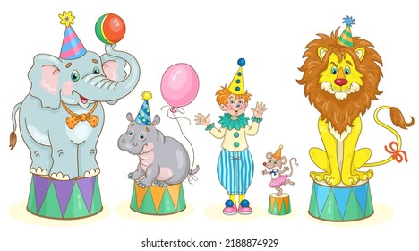 Funny circus animals and clown boy. Elephant, hippopotamus, mouse and lion are on the pedestals. In cartoon style. Isolated on white background. Vector illustration