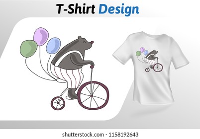 Funny circus bear riding a bicycle, t-shirt print. Colorful mock up t-shirt design template. Vector template, isolated on white background.