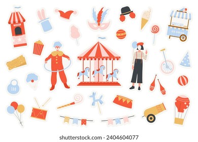 Funny circo y pegatinas del partido carnaval establecen ilustración vectorial. Carrusel de dibujos animados, payasos y personajes mimados con disfraces, globos, boletos y conejito con sombrero. Rendimiento, concepto de parque de atracciones