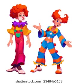 Funny circus carnival clown cartoon character vector set. Cute man and woman in costume isolated clipart people on white background. Performer artist with festival makeup for kids comedy amusement