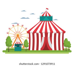 funny circus with carnival shop and games