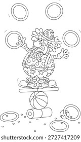 Divertido payaso de circo que balancea en una bola, tablero y cilindro y malabares con aros de juguete en una actuación divertida para niños pequeños, ilustración de dibujos animados de Vector sobre un fondo blanco