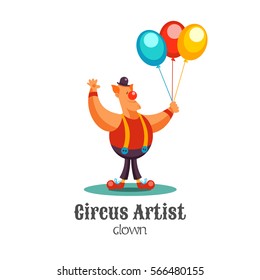 Funny circus clown with balloons. Vector illustration, isolated on white background.