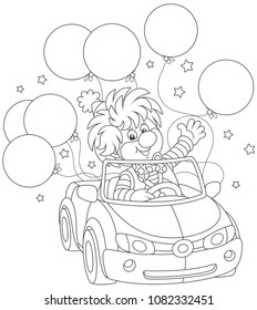 Funny circus clown driving his car with holiday balloons, black and white vector illustration in a cartoon style for a coloring book