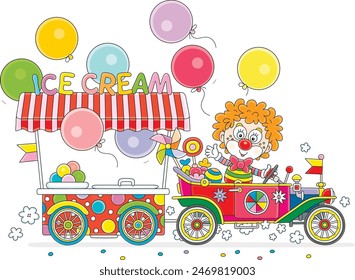 Funny circus clown driving his colorful retro toy car with a street ice-cream cart decorated with holiday balloons, vector cartoon illustration isolated on a white background