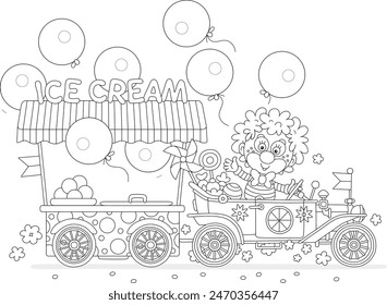 Funny circus clown driving his retro toy car with a street ice-cream cart decorated with holiday balloons, stickers and flags, black and white vector illustration for a coloring book