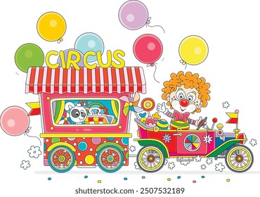 Funny circus clown driving his toy retro car with a colorfully decorated trailer full of sweets and gifts for little kids, vector cartoon illustration on a white background