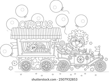 Funny circus clown driving his toy retro car with a decorated trailer full of sweets and gifts for little kids, black and white vector cartoon illustration for a coloring book