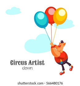 Funny circus clown. Flies on the balloons. Vector illustration isolated on white background.