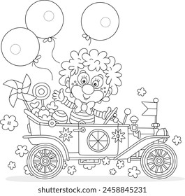 Divertido payaso de circo amigable sonriendo y saludando en su coche retro de juguete con dulces, regalos y globos de vacaciones volando alrededor, dibujos animados de Vector de contorno blanco y negro