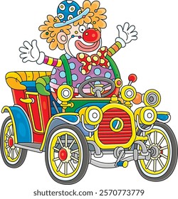 Funny circus clown friendly smiling and waving in greeting in his toy retro car, vector cartoon illustration on white