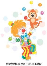 Funny circus clown with his small monkey juggling with color balls, vector illustration in a cartoon style