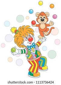 Funny circus clown with his small monkey juggling with color balls, vector illustration in a cartoon style