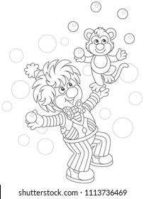 Funny circus clown with his small monkey juggling with balls, black and white vector illustration in a cartoon style for a coloring book