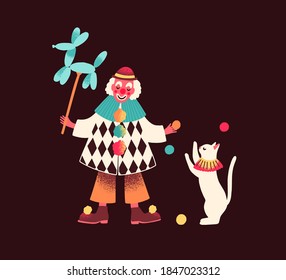 Funny circus clown holding balloon and performing with trained cat. Cirque performer with animal. Animator character. Flat vector textured cartoon isolated illustration