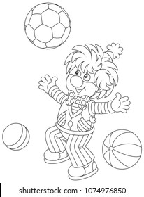 Funny circus clown playing with balls, black and white vector illustration in a cartoon style for a coloring book