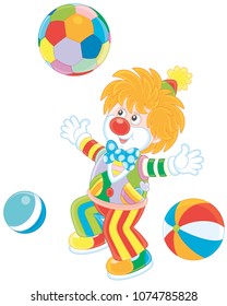 Funny circus clown playing with colorful balls, vector illustration in a cartoon style