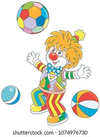 Funny circus clown playing with colorful balls, vector illustration in a cartoon style